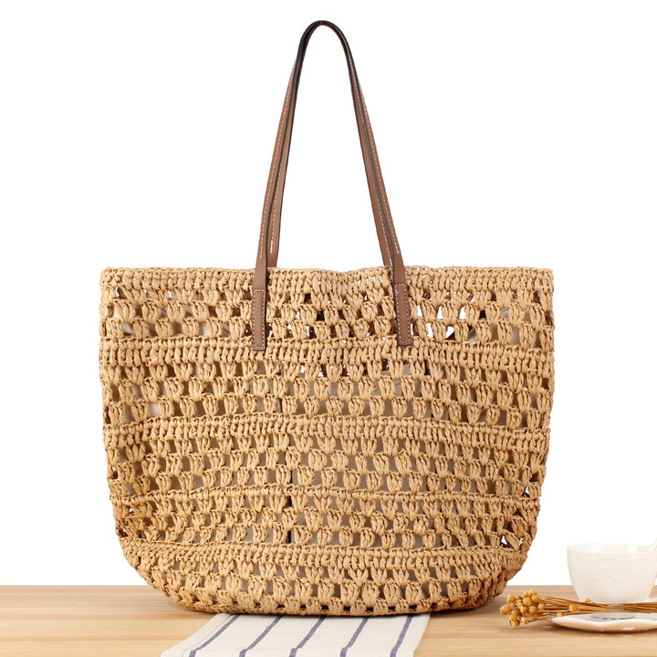 Hand-knotted natural material tote bag with sturdy leather handles Skanto