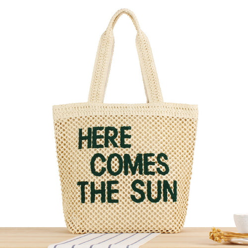 Hand-knotted basket bag with colorful inscription Skanto