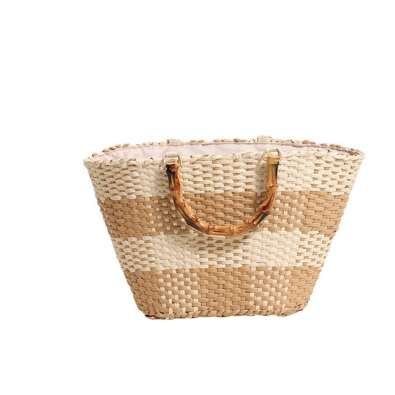 Braided straw bag with bamboo handle and decorative lining Skanto
