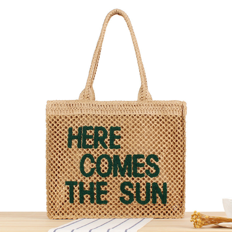 Hand-knotted basket bag with colorful inscription Skanto