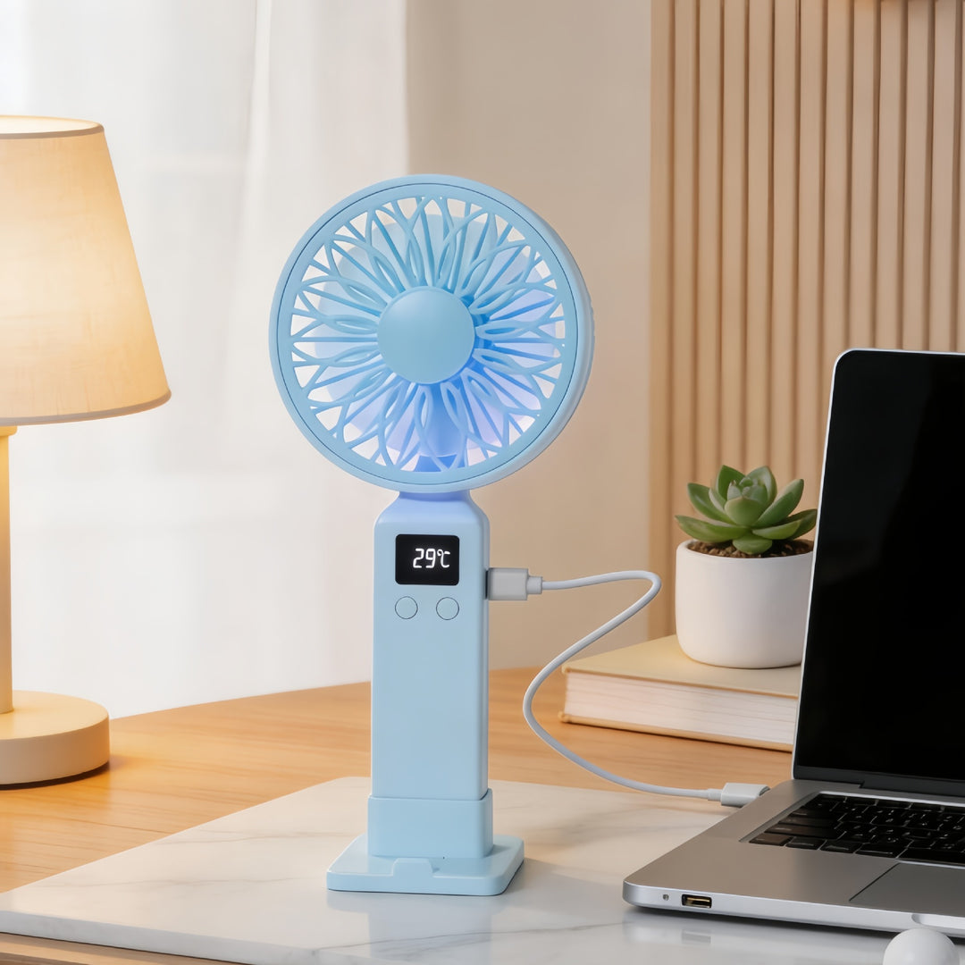 Kvinne bærbar USB-vifte med digital hastighetsvisning og ergonomisk design Skanto