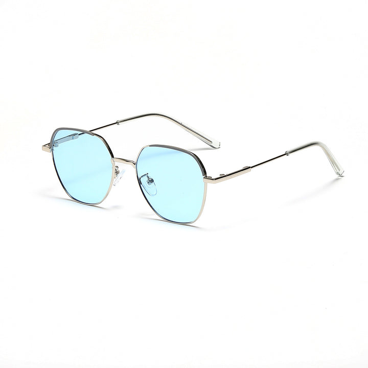 Dame moteriktig solbrille med smal metallramme og blå linser Skanto