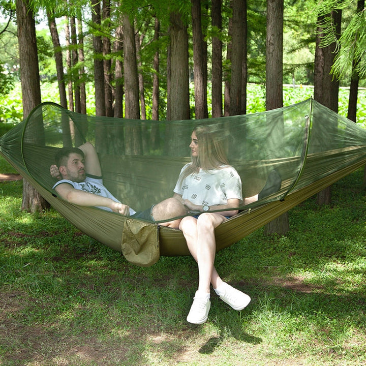 Skanto | Bærbar utendørs camping fullt automatisert nylon parachute hengekøye med myggnett, Størrelse: 290 x 140 cm (Army Green)