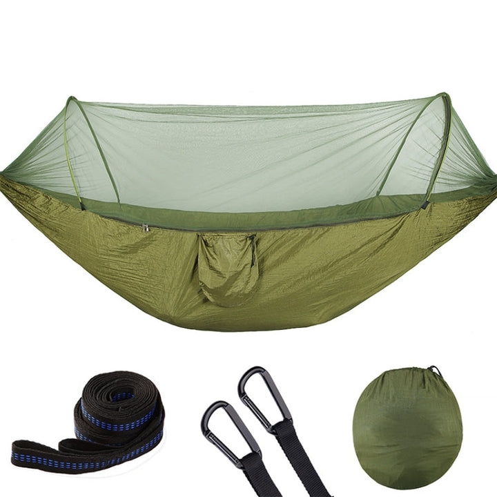 Skanto | Bærbar utendørs camping fullt automatisert nylon parachute hengekøye med myggnett, Størrelse: 290 x 140 cm (Army Green)