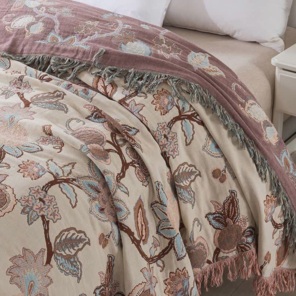 Skanto | Orchid Trail Floral Cotton Tassel Bed Blanket
