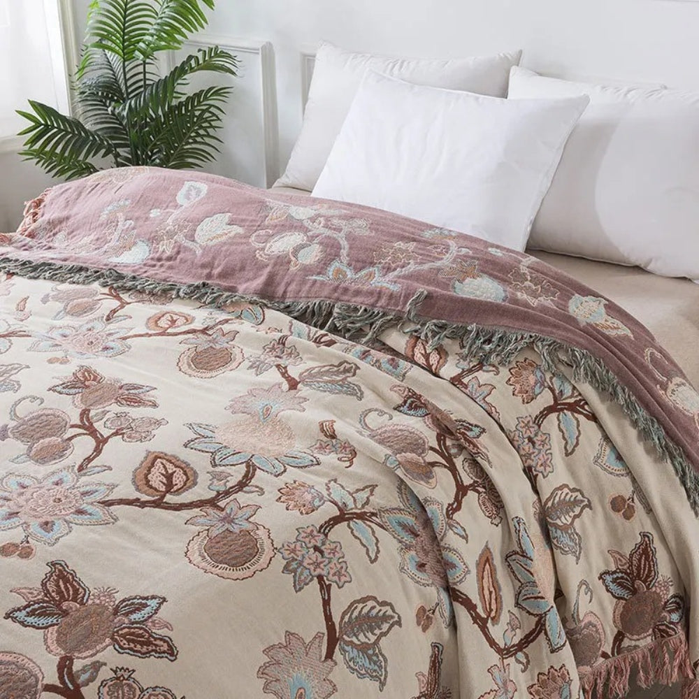 Skanto | Orchid Trail Floral Cotton Tassel Bed Blanket