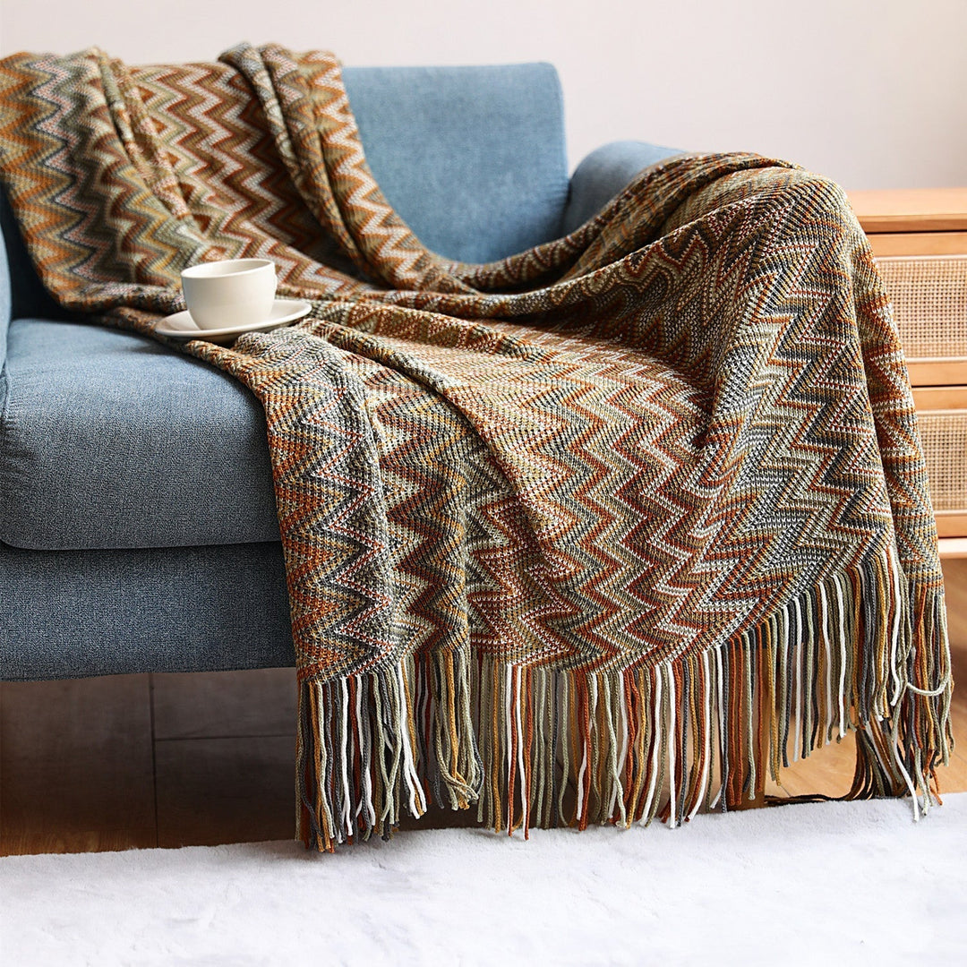 Skanto | Boho Chevron Duvet Cover – Håndvevd – Med Frynser – Varm Jordtoner