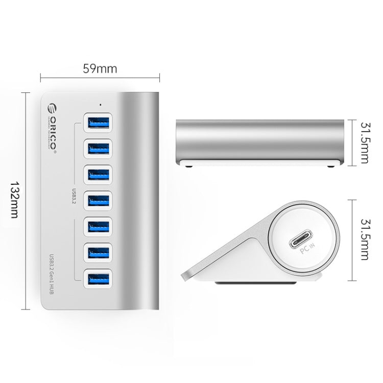 Norvo | ORICO M3U7-G2 Aluminiumlegering 7-port USB 3.2 Gen2 10Gbps HUB med 0,5 m kabel (Sølv)