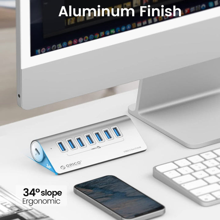 Skanto | ORICO M3U7-G2 Aluminiumlegering 7-port USB 3.2 Gen2 10Gbps HUB med 0,5 m kabel (Sølv)