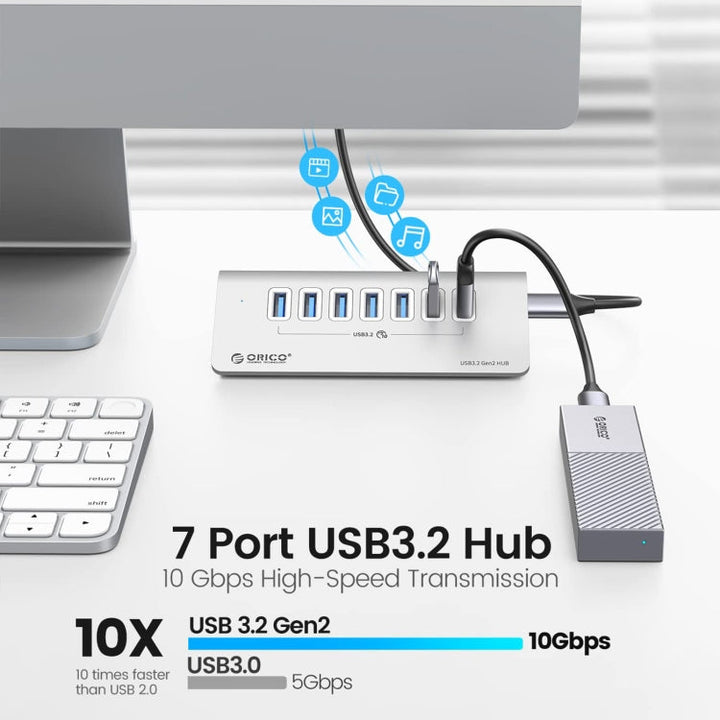 Skanto | ORICO M3U7-G2 Aluminiumlegering 7-port USB 3.2 Gen2 10Gbps HUB med 0,5 m kabel (Sølv)