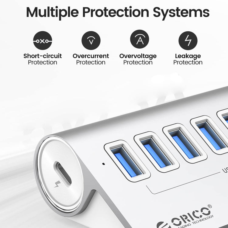 Skanto | ORICO M3U7-G2 Aluminiumlegering 7-port USB 3.2 Gen2 10Gbps HUB med 0,5 m kabel (Sølv)
