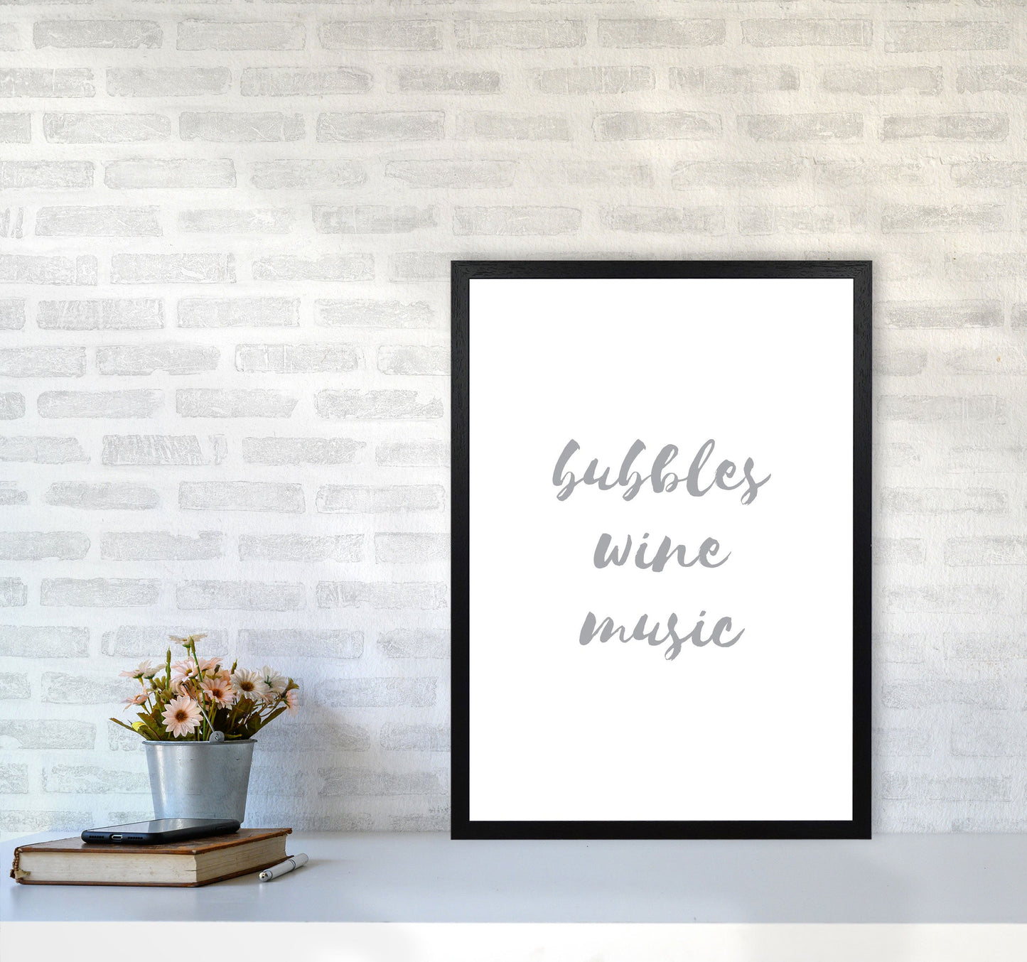 Norvo | Bubbles Wine Musikk Grå, Badstue Innrammet Typografi Veggkunst Trykk