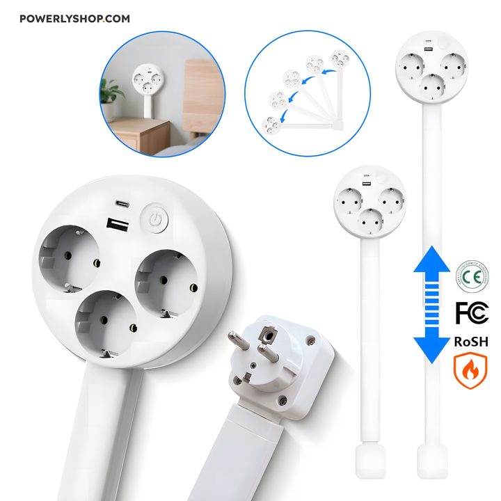 Skanto | Smart Utvidbar Stikkontakt med USB | 3 Stikkontakter + Utvidbar Arm + 180° Svingarm
