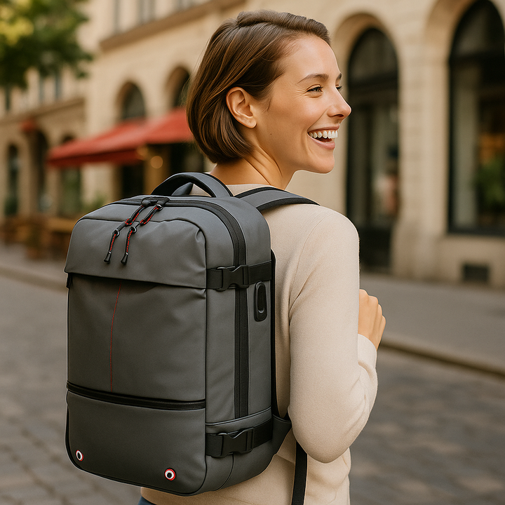 Skanto | Packlite Slim – Vanntett kompresjonsryggsekk med USB-tilkobling for håndbagasje