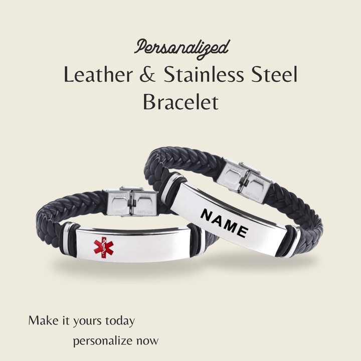 Skanto | Lær- og rustfritt stål ID-armbånd med gravering