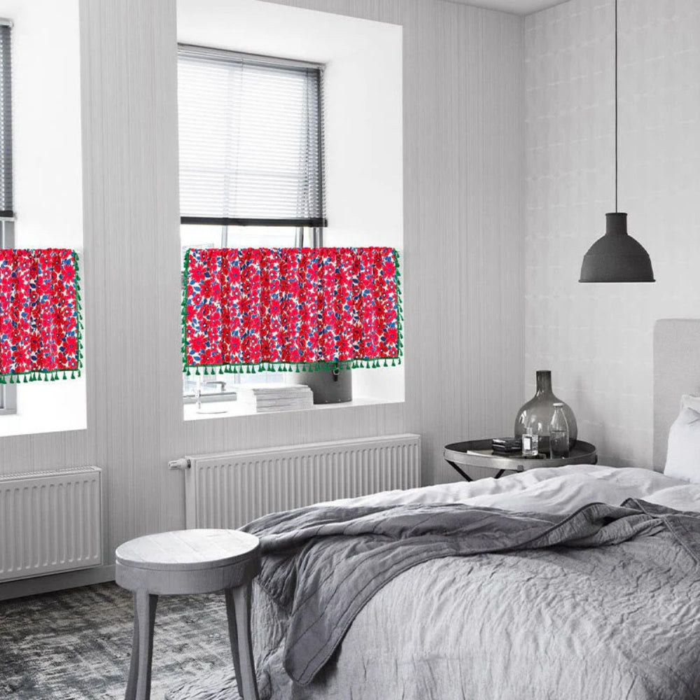Skanto | Graceful Rød Blomstret Lin Kjøkkenvindu Gardin