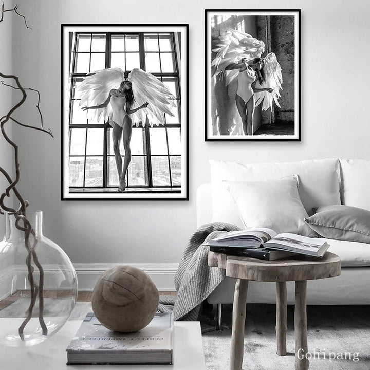 Pink Angel Wings Ballerina Wall Art Fine Art Canvas Print Black White Fashion Pictures For Living Room Bedroom Lounge Art Decor | Skanto