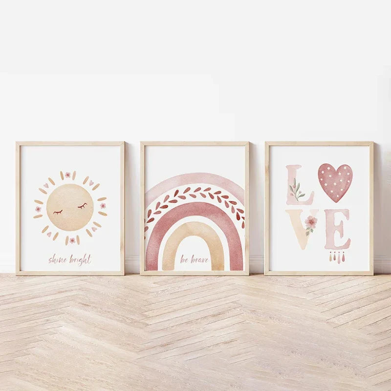 Set med 3PCS Rosa Boho Regnbue Solskinn Plakat Barnerom Veggkunst Fin Kunst Lerretstrykk Bilder For Barnerom Barnerom Lekestue Dekor | Skanto