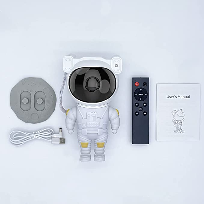 Stjernete LED-projektor – Astronautlampe med 360° roterende hode og fjernkontroll for soverom og stue | Skanto