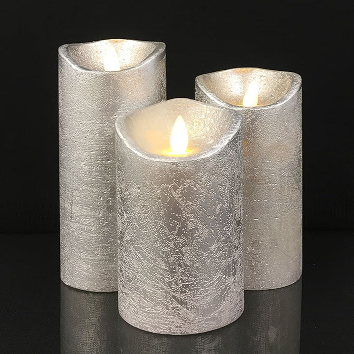 LED Lys - rustikk - 3 stykker - 10/12,5/15 cm - med 3D flamme - (ulike farger) | Skanto