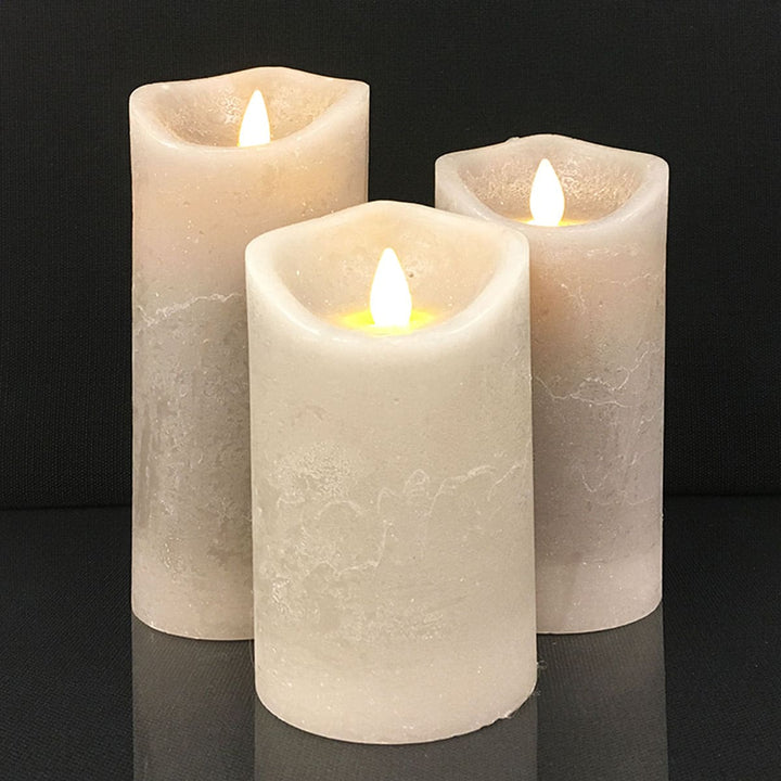 LED Lys - rustikk - 3 stykker - 10/12,5/15 cm - med 3D flamme - (ulike farger) | Skanto