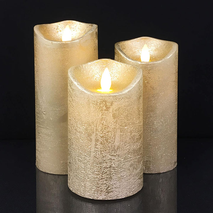 LED Lys - rustikk - 3 stykker - 10/12,5/15 cm - med 3D flamme - (ulike farger) | Skanto