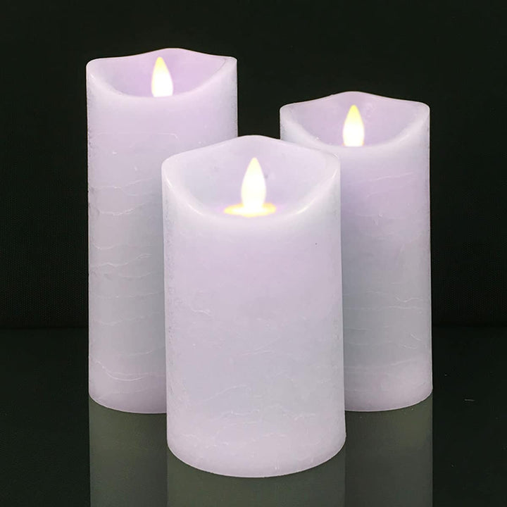 LED Lys - rustikk - 3 stykker - 10/12,5/15 cm - med 3D flamme - (ulike farger) | Skanto