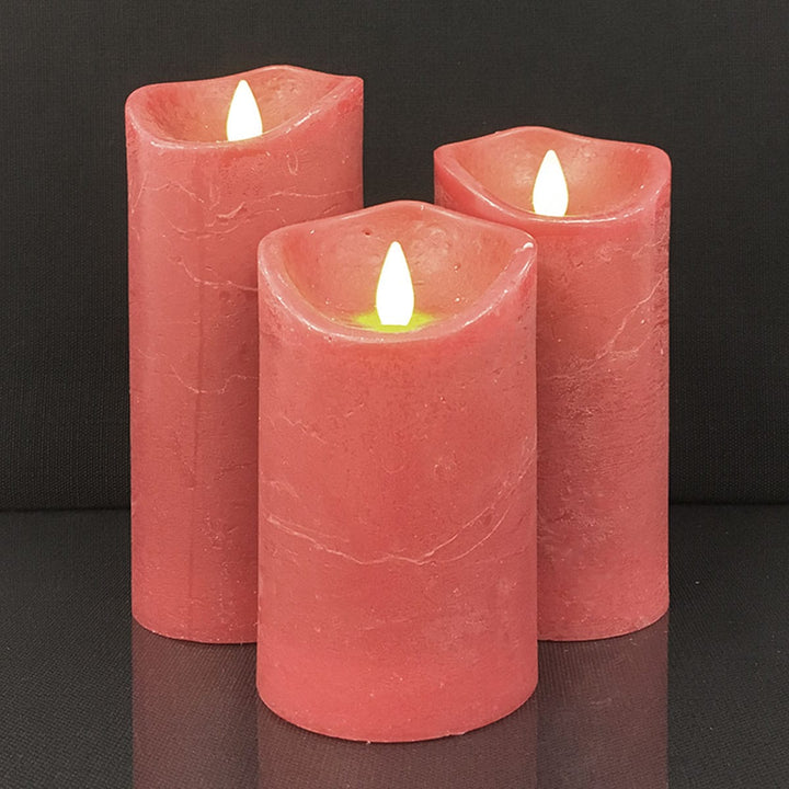LED Lys - rustikk - 3 stykker - 10/12,5/15 cm - med 3D flamme - (ulike farger) | Skanto