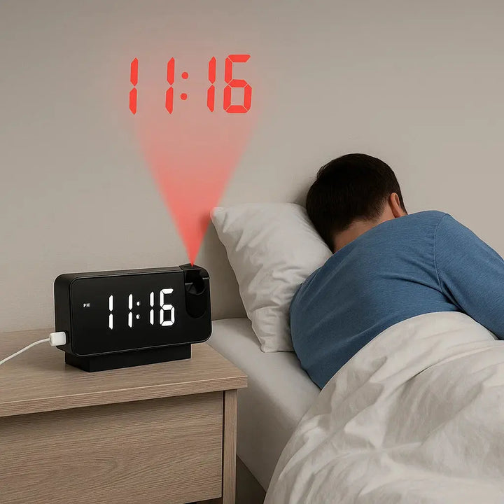 Projeksjonsvekkerklokke med speildisplay og stor LED-skjerm