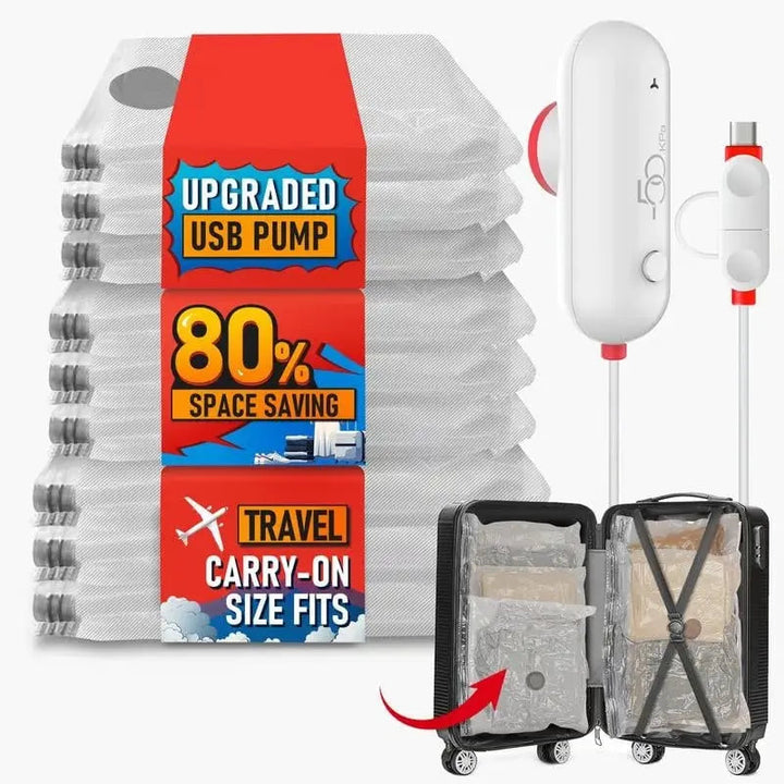 Reisevakuumposer med elektrisk USB-pumpe - Gjenbrukbare og slitesterke (sett med 9)