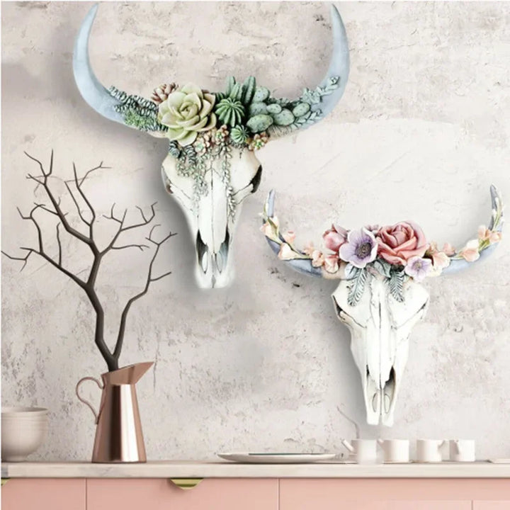 Skanto | Ku Skalle - Bully - Veggdekorasjon med Blomster - Harpiks Hjemmedekor