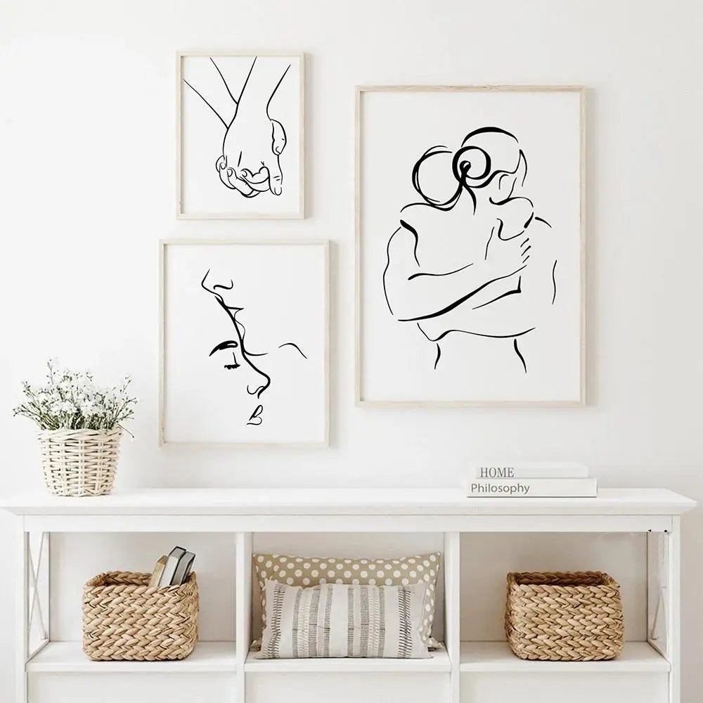 Romantic Lovers Minimalist Figure Art Line Art Wall Art Fine Art Canvas Prints Pictures for Bedroom Living Room Home Office Decor | Skanto