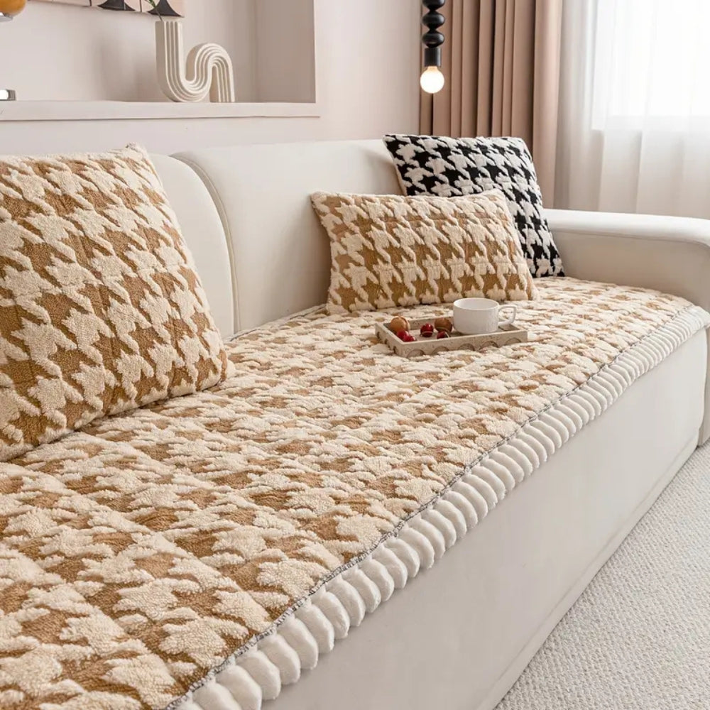 Skanto | Fargerik Plush Houndstooth Sofa Dekke og Putetrekk