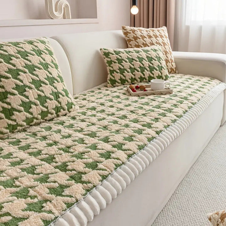 Skanto | Fargerik Plush Houndstooth Sofa Dekke og Putetrekk