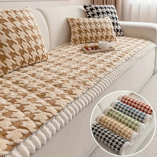 Skanto | Fargerik Plush Houndstooth Sofa Dekke og Putetrekk