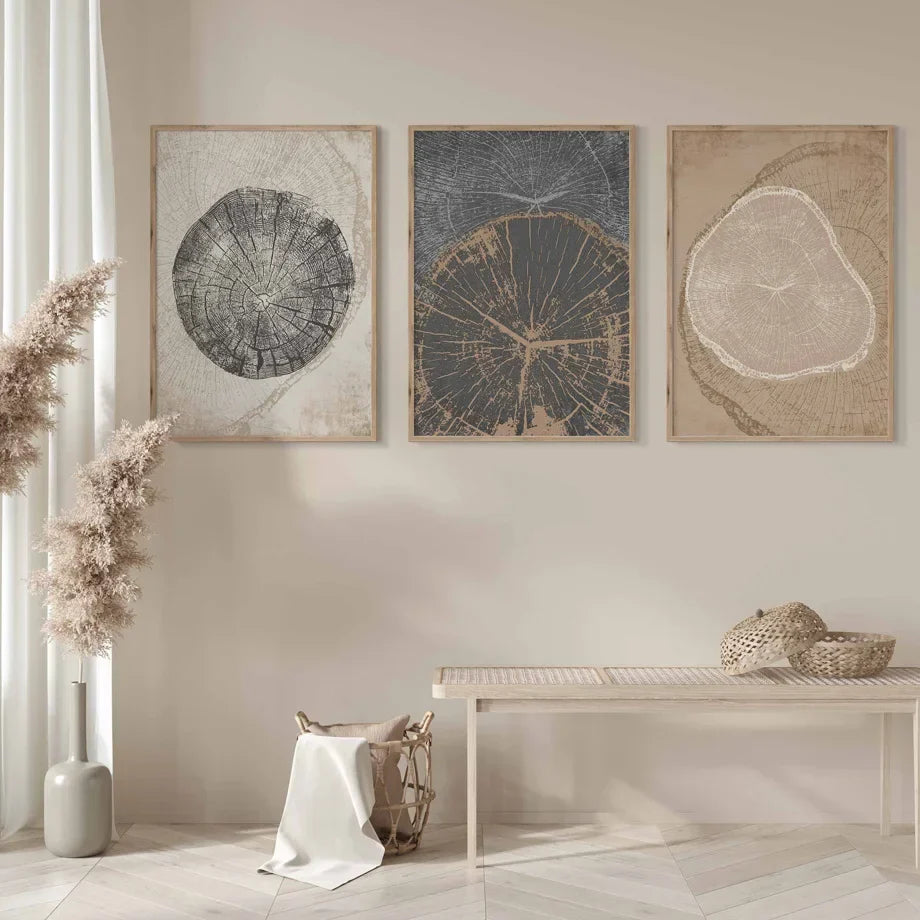 Rustic Tree Rings Abstract Nordic Wall Art Fine Art Canvas Prints Neutral Colors Beige/Gray/Black Wood Pictures for Living Room Dining Room Art Decor | Skanto