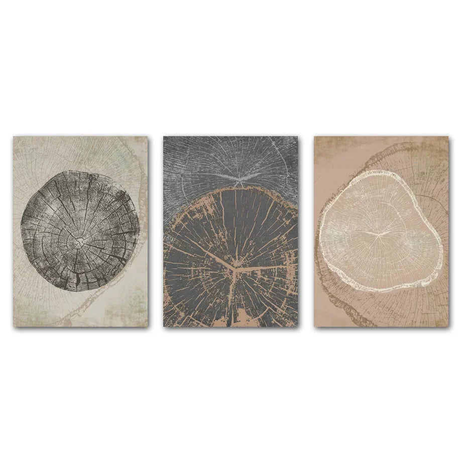 Rustikale trekring Abstrakt nordisk veggkunst Fine Art lerrettrykk Nøytrale tonene Beige/Grey/Black Tre bilder For stue Spisestue Kunst Dekor | Skanto