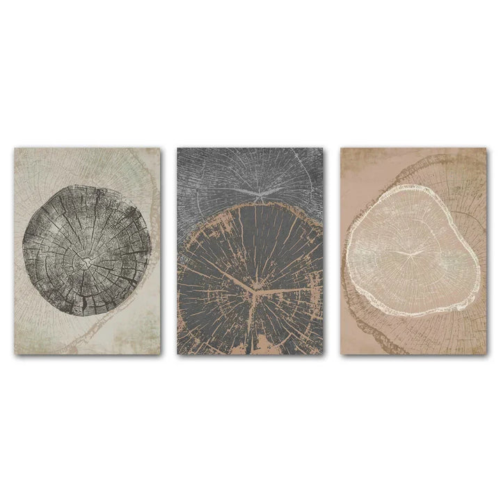Rustikale trekring Abstrakt nordisk veggkunst Fine Art lerrettrykk Nøytrale tonene Beige/Grey/Black Tre bilder For stue Spisestue Kunst Dekor | Skanto