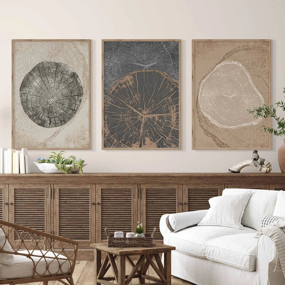 Rustic Tree Rings Abstract Nordic Wall Art Fine Art Canvas Prints Neutral Colors Beige/Gray/Black Wood Pictures for Living Room Dining Room Art Decor | Skanto