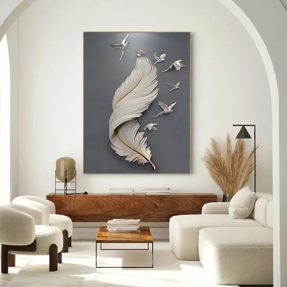 Seven Birds Feather Wall Art Fine Art Canvas Prints 3D Visualization Minimalist Abstract Pictures for Living Room Entrance, Foyer Art Decor | Skanto