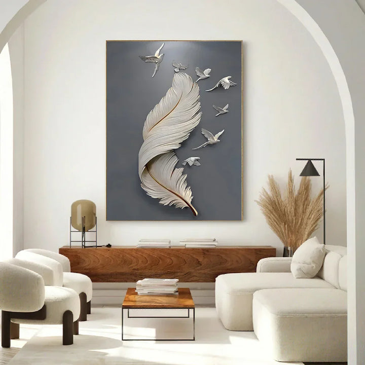 Seven Birds Feather Wall Art Fine Art Canvas Prints 3D Visualization Minimalist Abstract Pictures for Living Room Entrance, Foyer Art Decor | Skanto