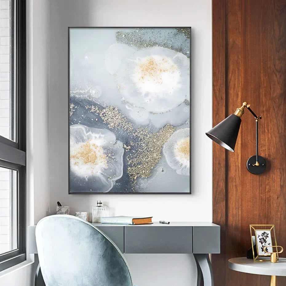 Blue White Golden Abstract Floral Wall Art Fine Art Canvas Prints Poster Picture For Modern Living Room Bedroom Nordic Home Decor | Skanto