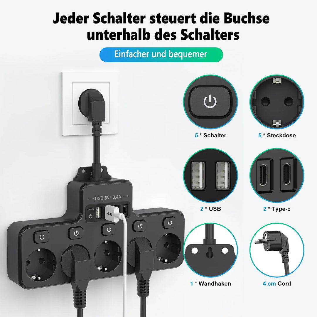 Skanto | Voltaro Pro 9-i-1 | Strømskinne EU | 5 AC-utganger + 4 USB (2× Type-C) | Individuell bryter | 16A | Kort kabel 10 cm