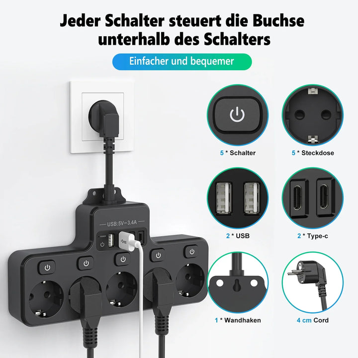 Skanto | Voltaro Pro 9-i-1 | Strømskinne EU | 5 AC-utganger + 4 USB (2× Type-C) | Individuell bryter | 16A | Kort kabel 10 cm