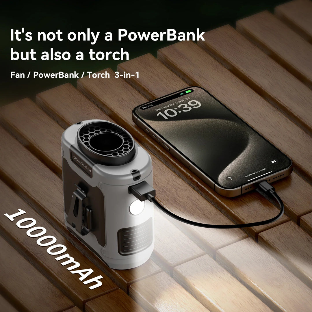 20000mAh Bærbar Midjevifte – Hengende Nakke vifte med Power Bank, Sterk Vind, LED-belysning for Sport, Bud, Utendørs Arbeid | Skanto