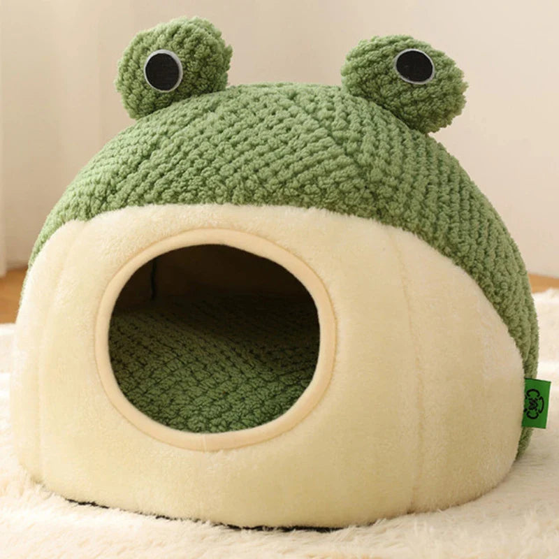Norvo | Pet Cave FroggiHome | Plush Frog Design | Semi-Lukket & Rund | 40–50 cm | For Katter & Små Hunder