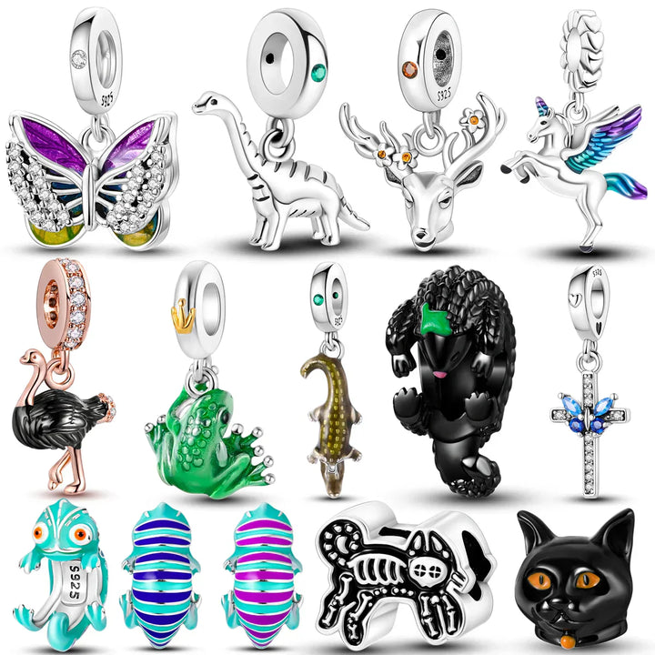 Skanto | 925 Sølv Gylden Leopard Charms Perler Fargerik Kameleon Nesehorn Løve Skarabé Katt Anheng Kompatibel med Original Pandora Armbånd Smykker