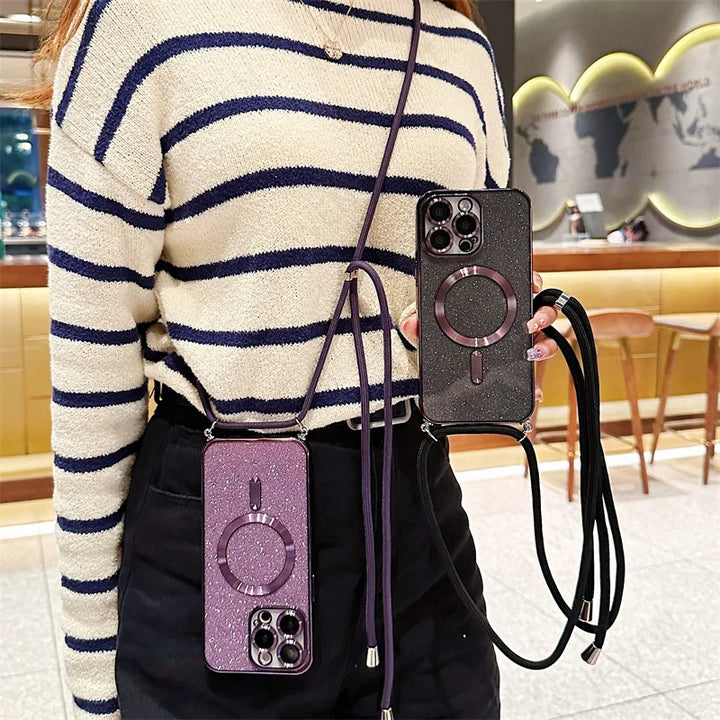 Luksus MagSafe Glitter Crossbody Stroppetui For iPhone 13 Elektroplaterte Trådløse Lade TPU Bakre Lanyard Deksel