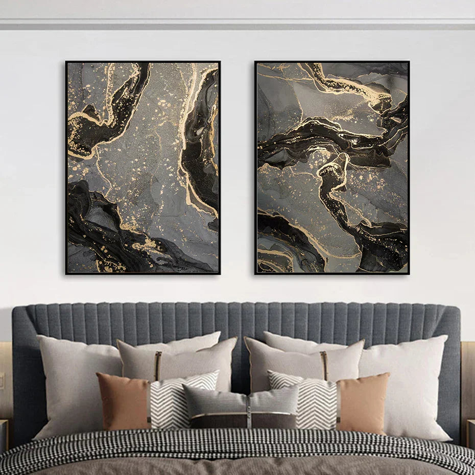 Abstract Black Gray Gold Fluid Marble Print Wall Art Fine Art Canvas Prints Pictures for Modern Apartment Living Room Home Office Decor | Skanto