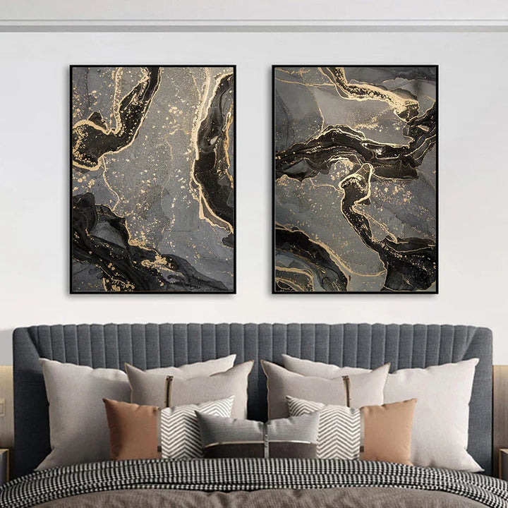 Abstract Black Gray Gold Fluid Marble Print Wall Art Fine Art Canvas Prints Pictures for Modern Apartment Living Room Home Office Decor | Skanto
